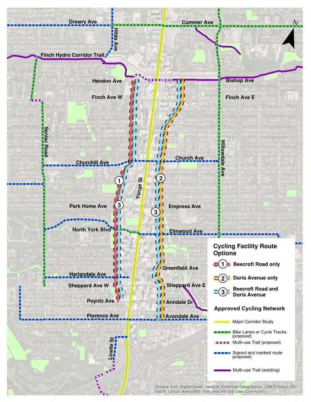 CYCLING NEWORK ALTERNATIVE The City s Public Works and Infrastructure Committee asked us to assess options on Beecroft Road and/or Doris Avenue instead of on Yonge treet.