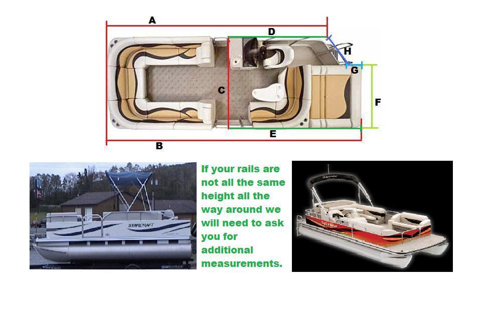 Custom Pontoon Enclosures A. Length of rails from front rail to corner of side where rail begins to bend for rear entrance (if applicable) B. Length of deck from front rail to back rail C.