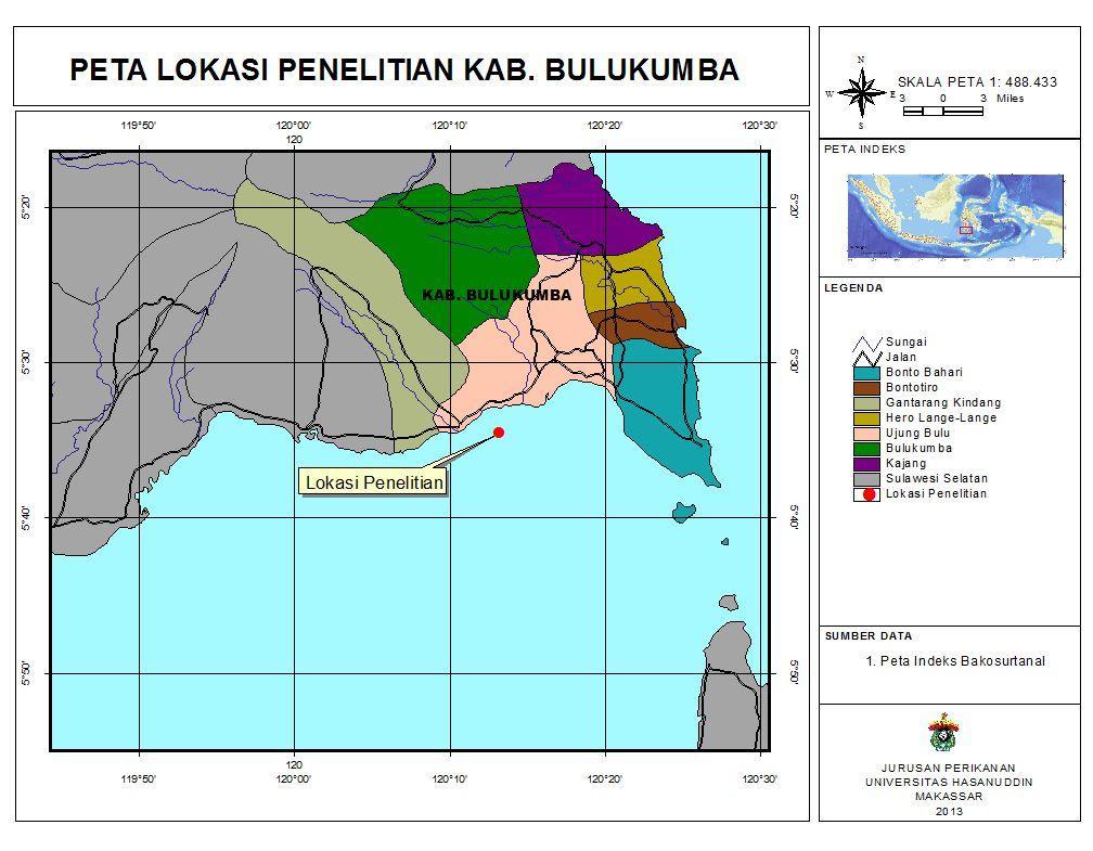 Figure 1. Map of the study area in the south coast of Bulukumba, South Sulawesi, Indonesia. Spiny lobsters were captured in traps and bottom gill nets sometimes by divers in the area.