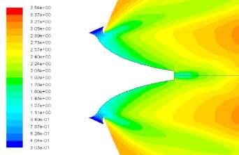 28: Contours of Mach number of the 50 % nozzle at design altitude.