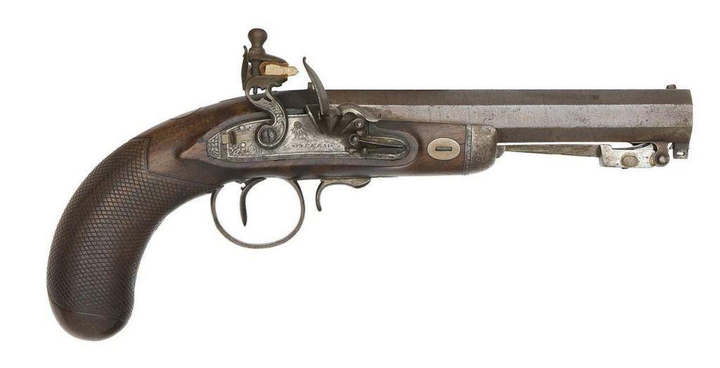 Figure 5 An 18 bore flintlock pistol with folding bayonet, c1815,