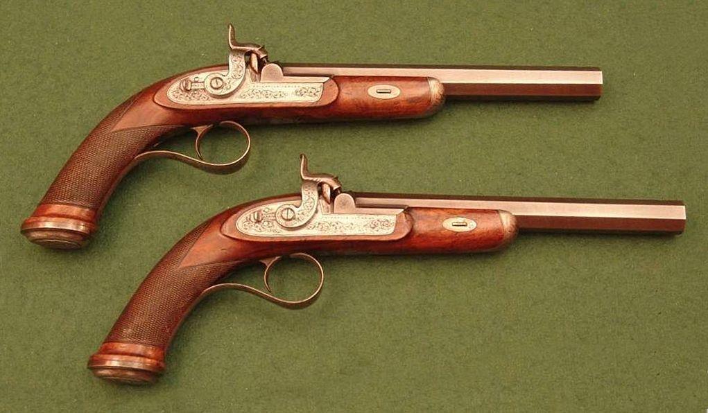 Figure 15 A pair of target or duelling pistols (courtesy of West Street Antiques). These are half stocked, with raked butts and no provision for ramrods, very much in the style of Purdey.