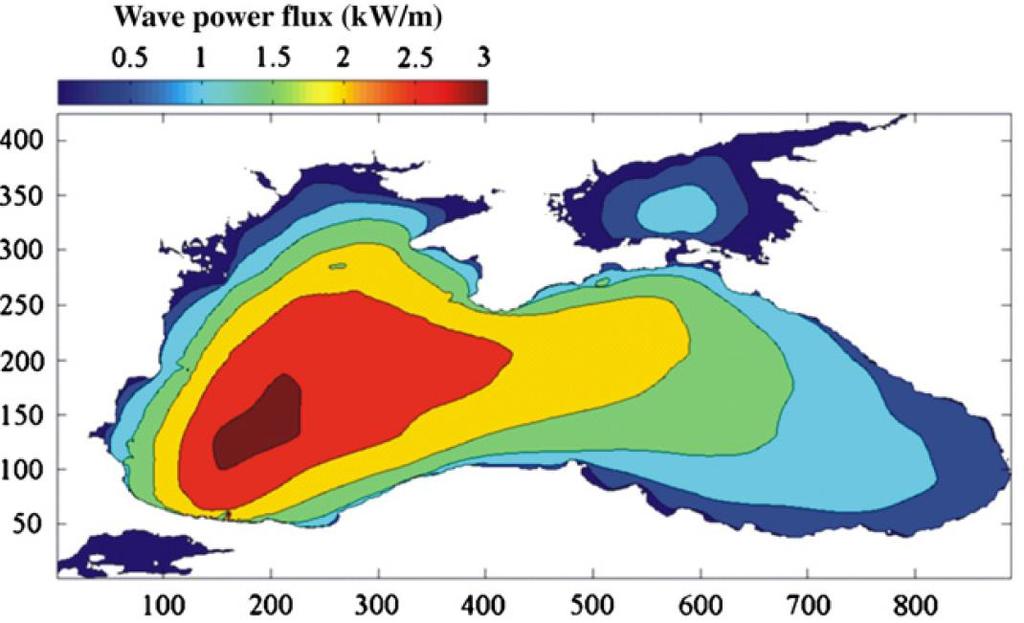 Distribution of average power per unit crest length in the Black Sea, from 15-year hindcast data A. Akpinar, M.I. Kömürcü.