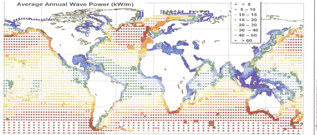 Wave Energy Resource The total theoretical wave power resource in the oceans is very large: 1-10 TW (average world electrical power consumption: 2 TW).