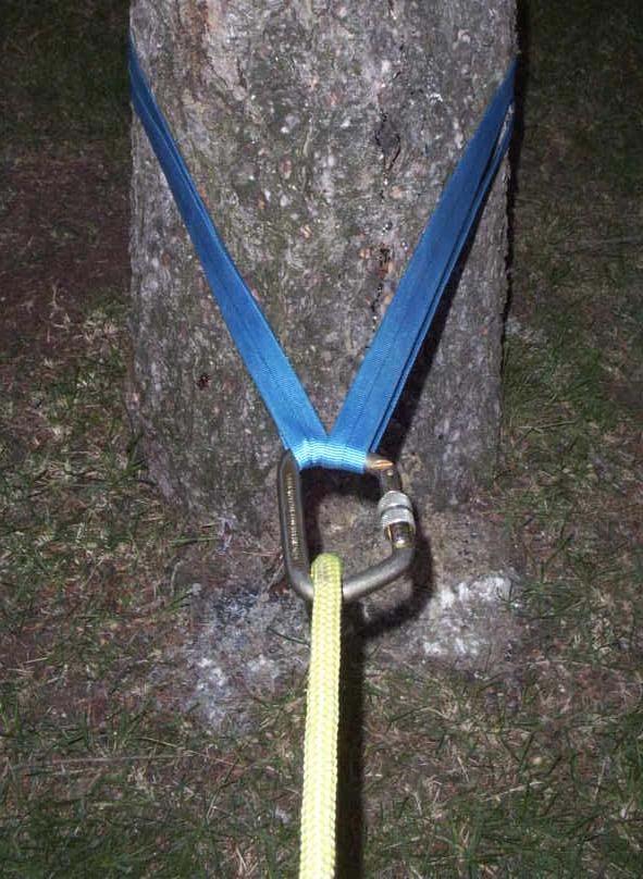 Using a rock as an anchor: Webbing configured as a 3-Bight Ensure that any rock utilized as an anchor has sufficient mass to hold the expected load and that the ground surrounding the rock is solid