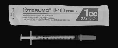 Syringe with needle attached. (intramuscular) Subcutaneous Injection: (1) Insulin syringe with needle attached (.