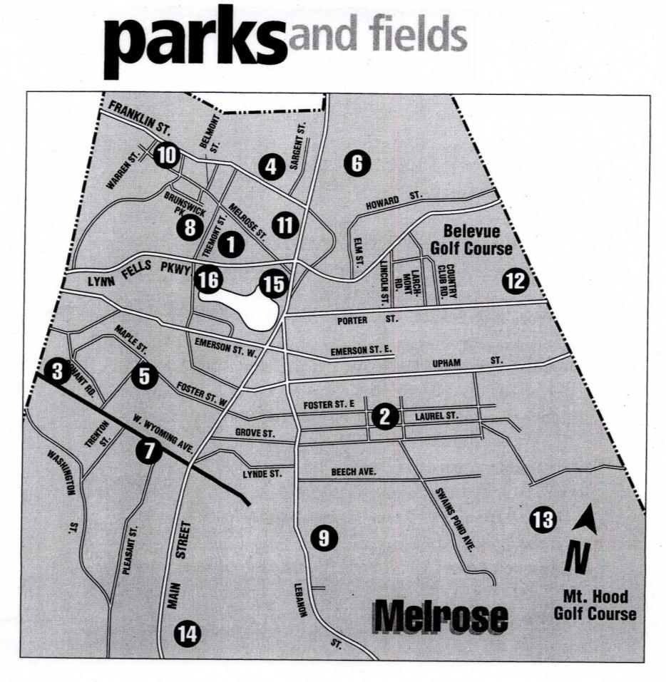 Park Locations Park Name Amenities Location 1. High School Athletic Complex Football, baseball, track Lynn Fells Pkwy 2. Common Park Tot lot, tennis, basketball Laurel & Foster St. 3.