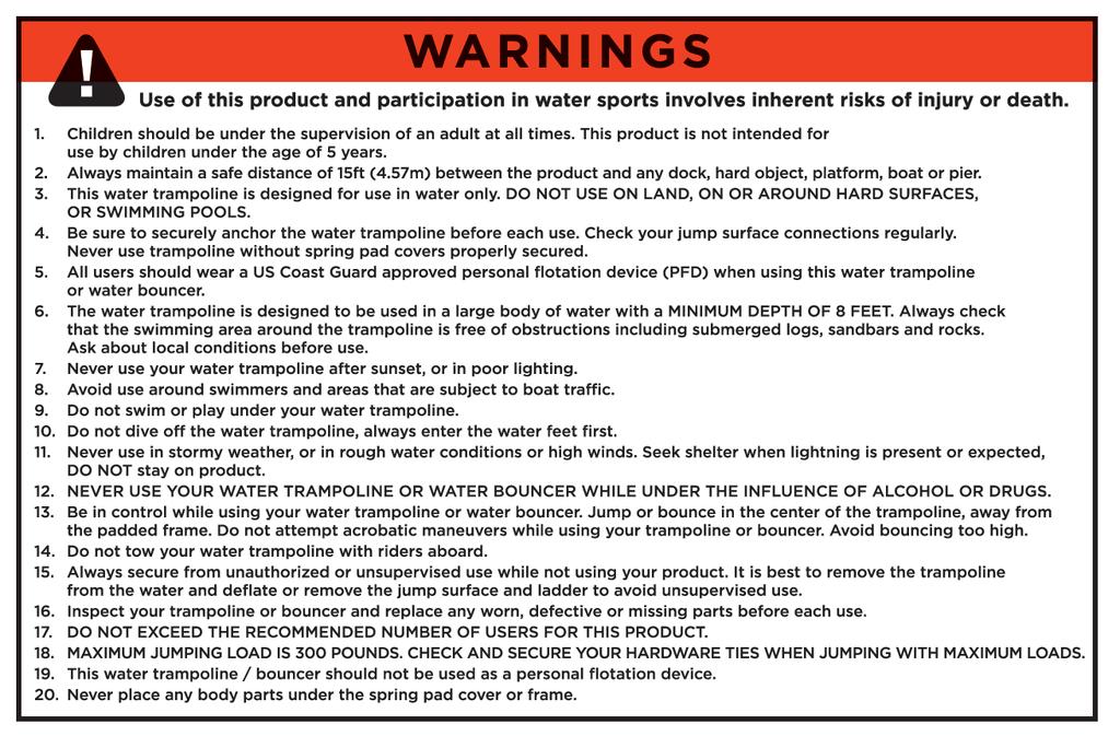 These warnings are posted on your Island Hopper Bounce & Splash Water Bouncers,
