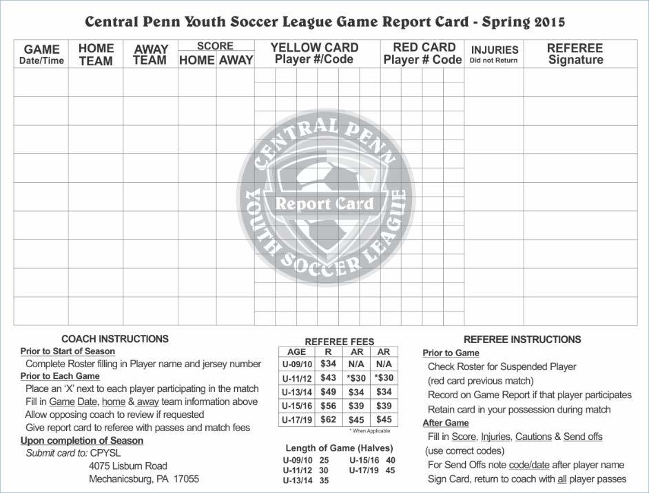 Sample CPYSL League Game Report Card Side A Sample CPYSL League