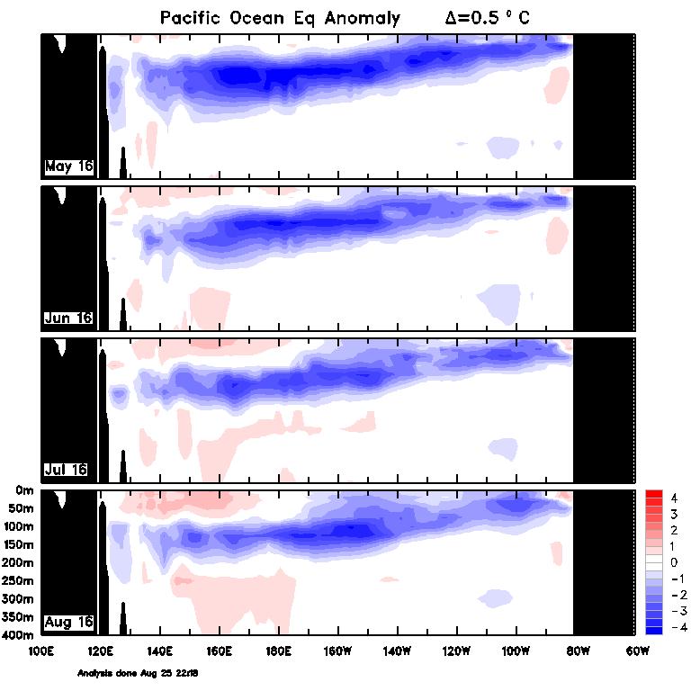Monthly sub-surface temperatures The four-month sequence of subsurface temperature anomalies (to August) shows cool anomalies span the entire width of the equatorial Pacific, although