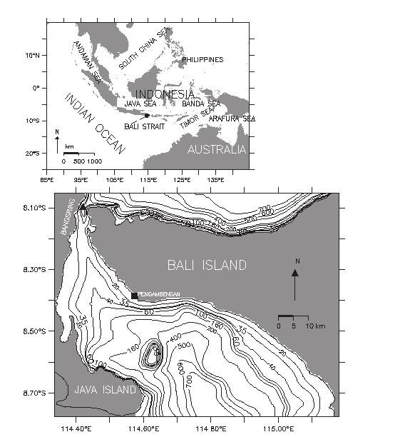Mar. Res. Indonesia Vol.36, No.2, 2011: 25 36 Figure 1. Indonesian Seawaters (upper) and bathymetric map of the Bali Strait, Indonesia (lower). Numbers show the depth in meters.