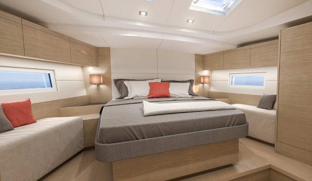 Particularly ingenious, the aft shower cabins rotate to protect the room from water spray. Spacious and remarkably wellitted, the U-shaped galley is as pleasant to use under sail as it is at anchor.