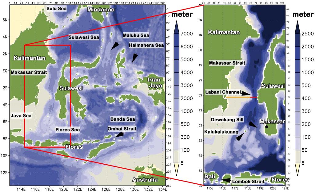 Figure 1. (left) Model domain of the regional model HAMSOM for the Indonesian throughflow and (right) an enlargement of the Makassar Strait region. Bathymetry and scale depth are in meters.