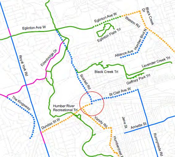 EXISTING & PLANNED CYCLING CONNECTIONS The City of Toronto is planning to install a physically separated cycle track under the Scarlett Road Bridge as part of the bridge reconstruction.
