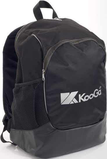 Main body 600D polyester. Large main pocket. Large front pocket with organiser. Black mesh pocket to left hand side. Silver K KooGa screenprint.