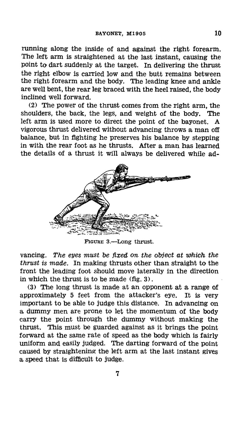 BAYONET, Ml 905 10 running along the inside of and against the right forearm. The left arm is straightened at the last instant, causing the point to dart suddenly at the target.