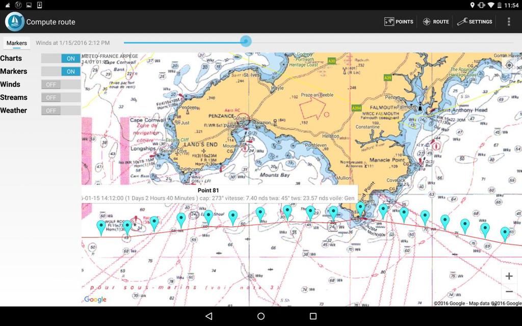 If you have the raster map (tested with SHOM) covering your navigation area, you can display your route on this chart and then monitor your real route using the Board book menu (see following chapter