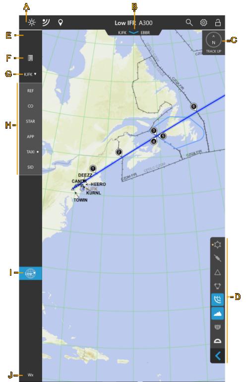 Getting started with FliteDeck Pro A B C D E F G H I J Toolbar. Flight Info drawer tab. Tap this to open and close the Flight Info drawer. Map orientation button.