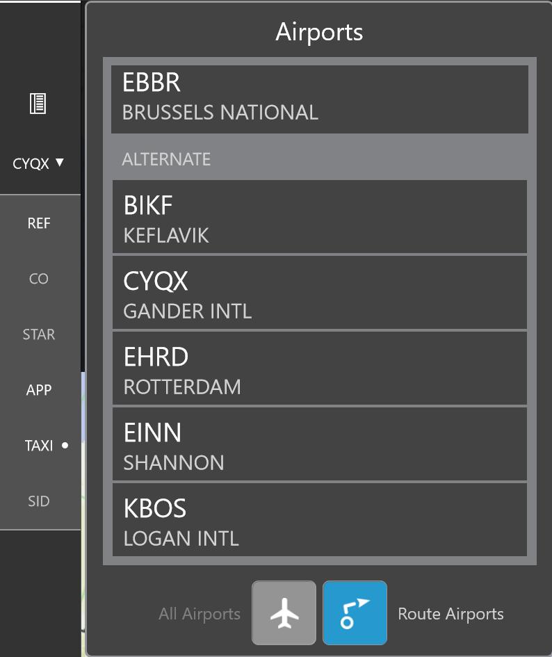 Tap the Airports button on the control bar. FliteDeck Prodisplays the Route Airports popover. The ETP alternate airports appear in the Alternate Airports section. 2.