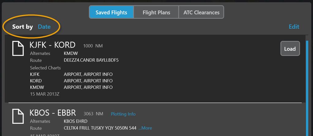 Then duplicate the saved flight and make any changes to the duplicated flight to reflect the second scenario. 1. Open the Flight Info drawer. 2. Tap Saved Flights. 3. Tap Edit. 4.