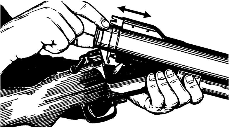 With the barrel in the open position, insert a cartridge into the breech end of the barrel (Figure A-17). Figure A-17. Loading the weapon or ejecting a round or cartridge case. f. Chambering.