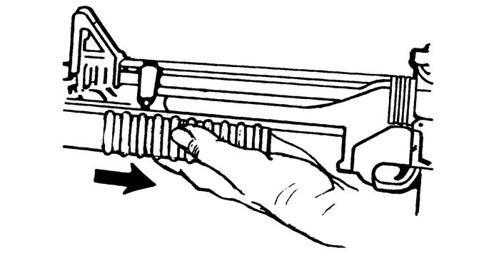 b. Lock the barrel by moving it rearward until it closes with a click (Figure 3-23). Figure 3-23. Locking the barrel. c. Install the handguard and secure it with the slip ring (Figure 3-24).