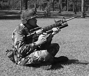 (b) Leaf Sight (Figure 5-10). For ranges greater than 150 meters, place the butt stock of the weapon under your armpit and grip firmly to prevent the weapon from moving.