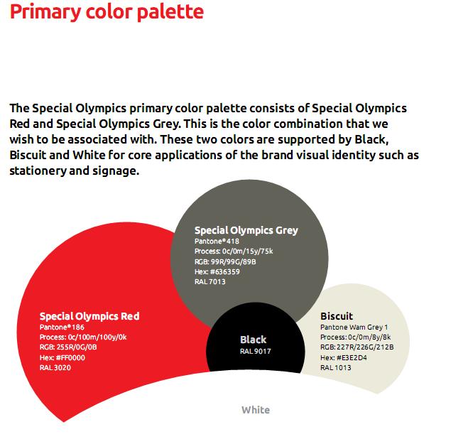 The Special Olympics primary color palette consists of Special Olympics Red and Special Olympics Grey.