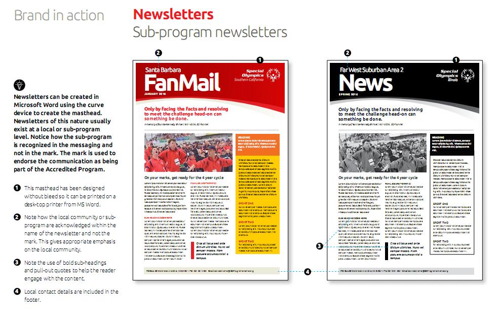 Newsletters can be created in Microsoft Word using the curve device to create the masthead. Newsletters of this nature usually exist at a local or sub-program level.