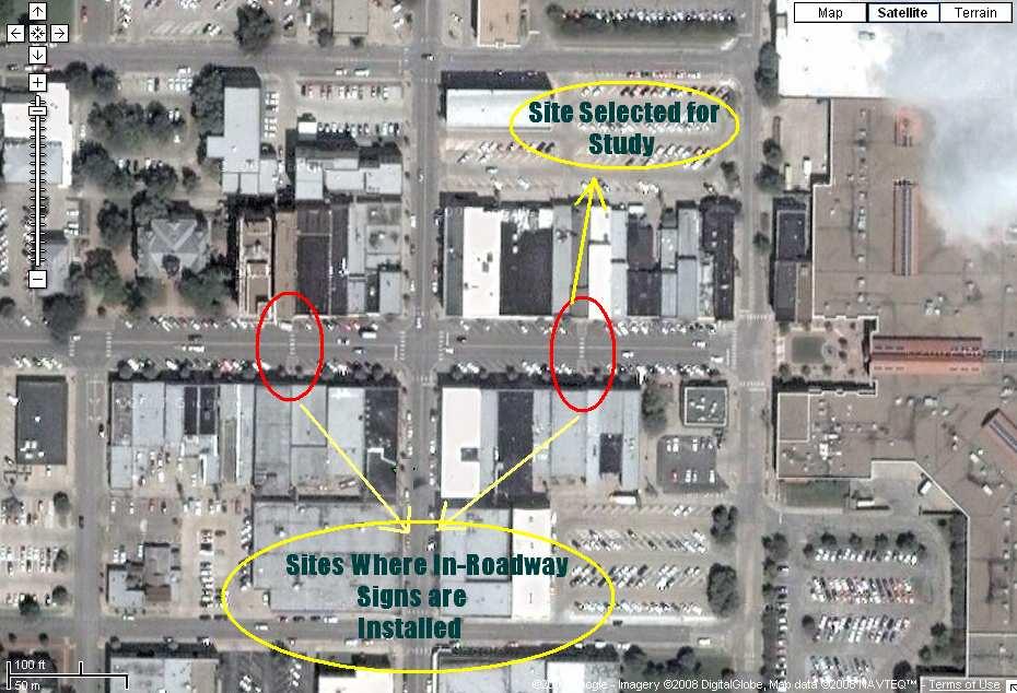 Figure 3.10: Satellite View of Crosswalks Installed with In-Roadway Signs on Poyntz Avenue 3.3.2 Methodology of Study Conducted Actions of the pedestrians crossing the street and the vehicle yielding behavior were manually recorded at this site.