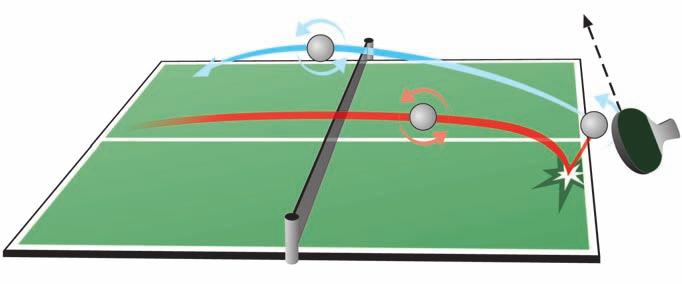 point and as strange as it may sound with a flat racket! (See photos 14 and 15). Make sure that you hit the ball slightly beyond your target (baseline of the table), as it were.