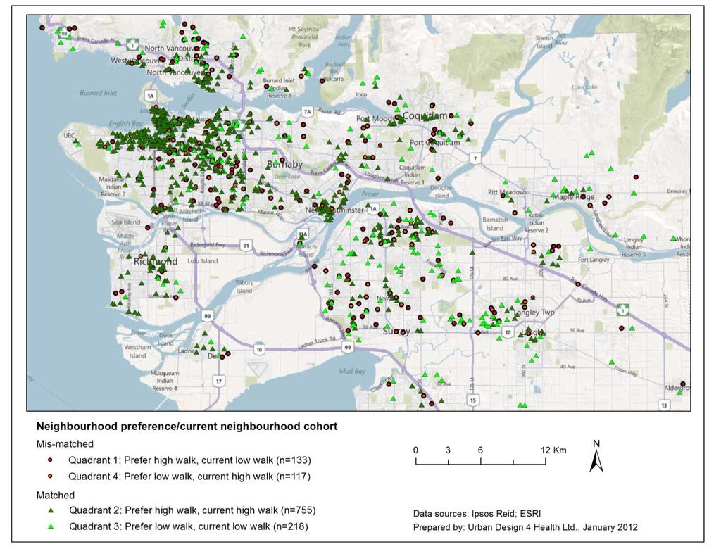 Figure 17: GVRD Participant Home Locations by Neighbourhood Preference/Current Neighbourhood Cohort The cross-tabulation between household income and preference/current alignment cohort is shown