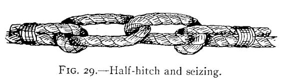 When two heavy lines are to be fastened for any considerable time, a good method is to use the "Halfhitch and Seizing," shown in Fig. 29.