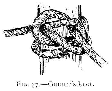 A more secure knot for this same purpose is the "Clove Hitch" (Fig. 36), sometimes known as the "Builders' Hitch.