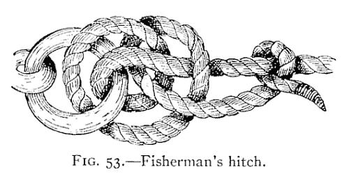 The fisherman's hitch is particularly useful in making fast large hawsers; with the end of a rope take two turns around a spar, or through a ring; take a half-hitch around