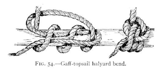 The gaff-topsail bend is formed by passing two turns around the yard and coming up on a third turn over both the first two turns; over its own part and one turn; then stick the end under the first