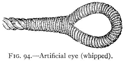 returns down the standing part and lies under the eye with the strands (Fig. 93). Then divide the strands, taper them down, and whip the whole with yarn or marline (Fig.
