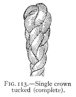 Then halve the strands and tuck again, as in making a short splice, until the result appears as in Fig. 113.