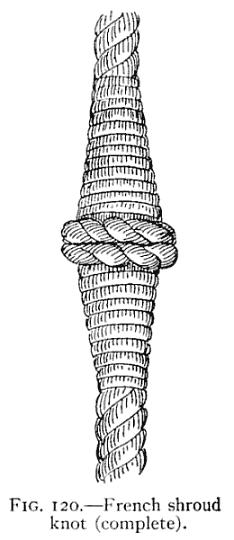 Repeat the operation on the other side, draw all ends taut, and taper and tuck the ends. The whole should then be served carefully and the finished knot will appear as in Fig. 120.