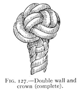 This is the foundation of the most beautiful of rope-end knots, known as the "Double Wall and Crown," or "Manrope Knot," illustrated in Fig. 126.