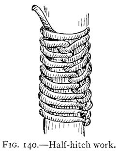 Take a half-hitch around the rope to be served, then another below it; draw snug; take another half-hitch and so on until the object is covered and the series of half-hitch knots forms a spiral