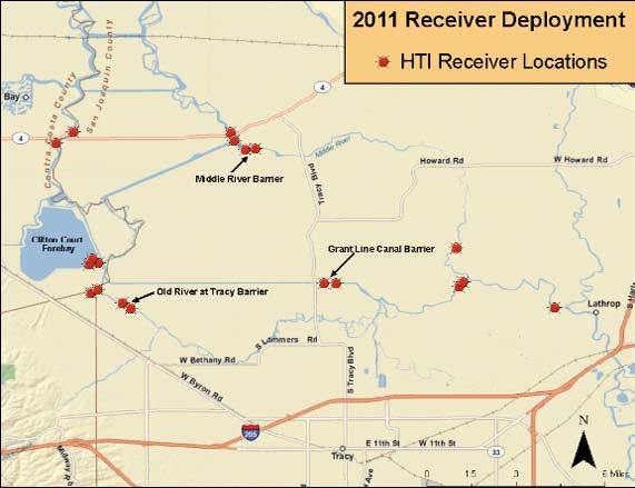(Red Circles Represent the Locations of the Fixed-Point Receivers) Figure 8-2 Locations of Acoustic Receivers and Release Site Used in the 2011