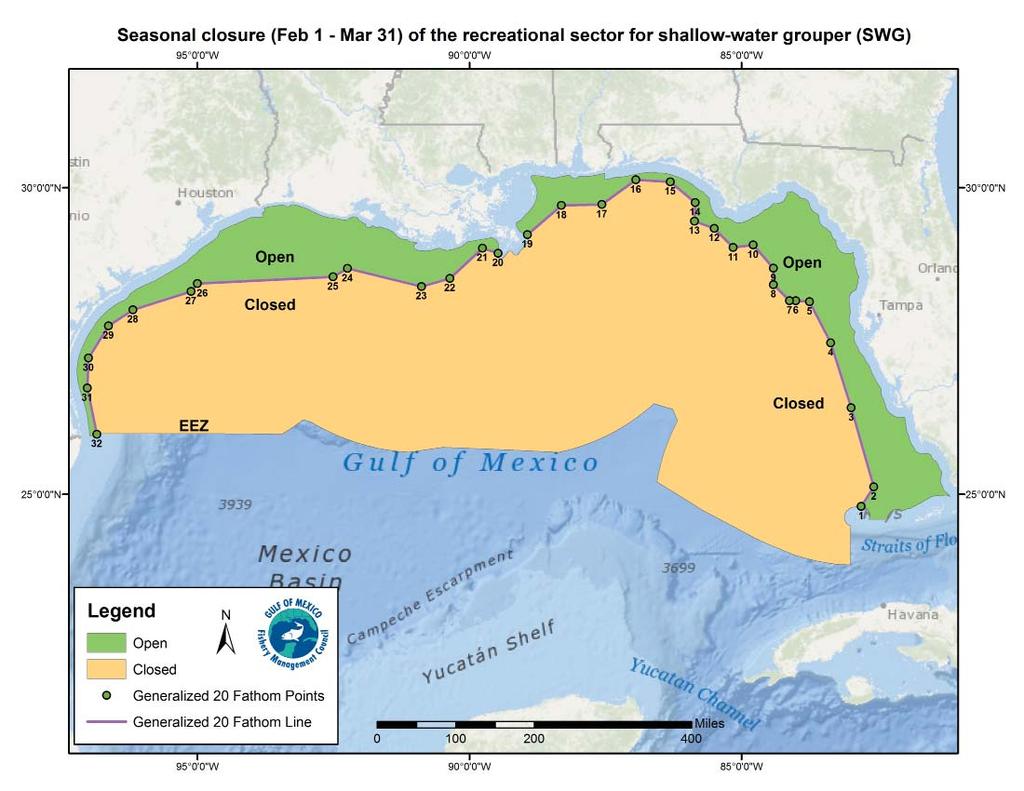 Shallow-water Grouper Closure (Map of the 20-fathom break) Title 50 CFR: Wildlife and Fisheries - PART 622 FISHERIES OF THE CARIBBEAN, GULF OF MEXICO, AND SOUTH ATLANTIC Subpart B Reef Fish Resources