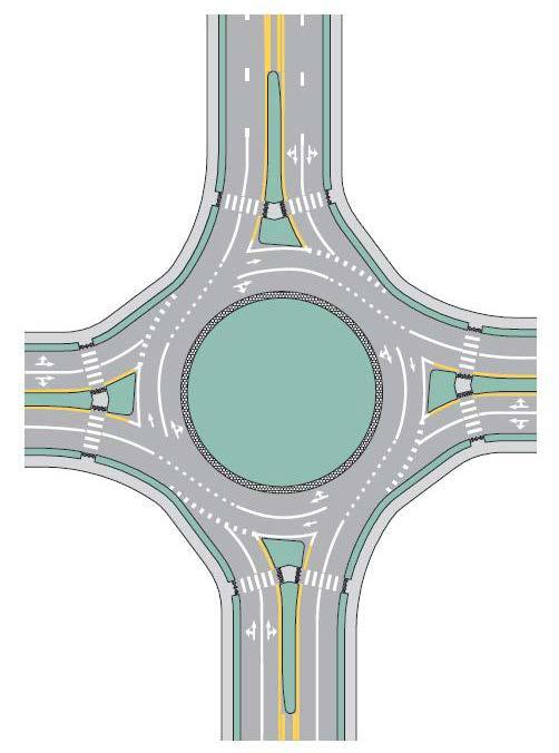 the construction of a smaller roundabout without acquisition of right-of-way and with all the benefits of roundabouts at the cost of forcing the occasional large truck to take an alternate route.