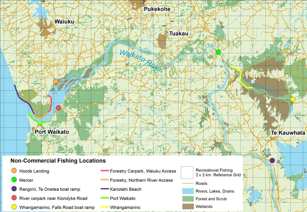 Figure 4.2: Non-commercial fisheries compliance patrol data locations shown as colour-coded points and lines in the lower Waikato catchment. Grid squares are 2 km x 2 km. 4.3 Recreational fishing results 4.