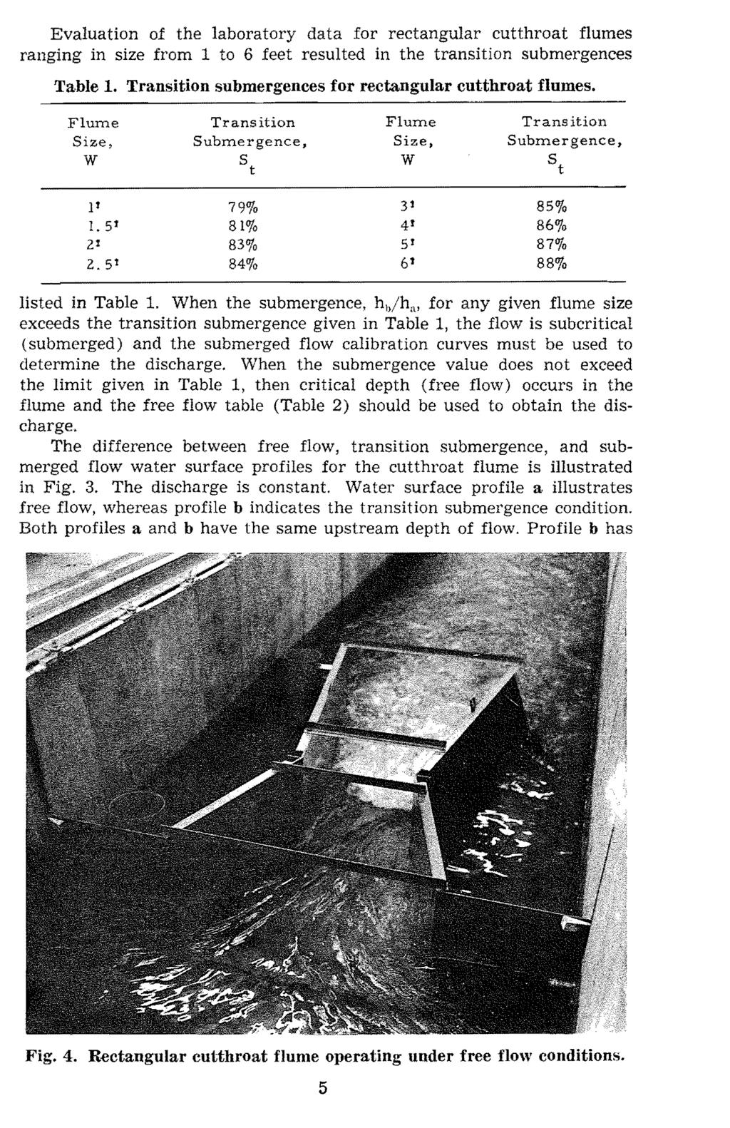 Evlution of the lbortory dt for rectngulr cutthrot flumes rnging in size from 1 to 6 feet resulted in the trnsition submergences Tble 1. Trnsition submergences for rectngulr cutthrot flumes. Flum.