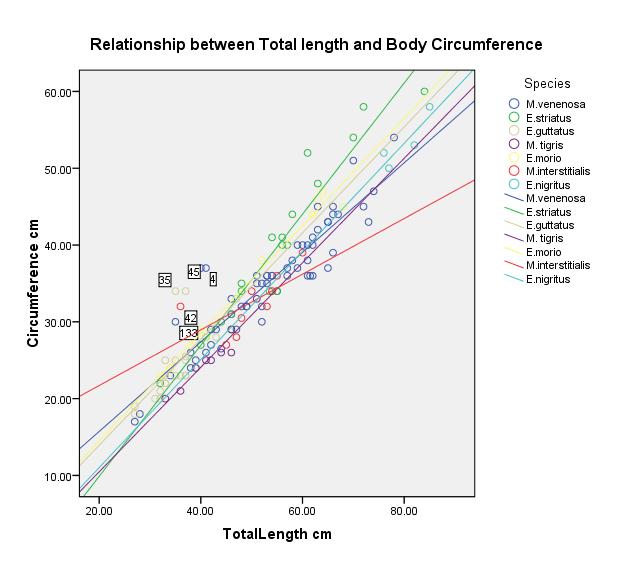 Figure 17: Graph showing the relationship between total length and body circumference for each species landed; includes a line of best fit for each species. 3.