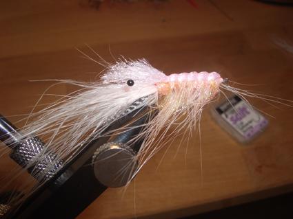 Hook: size 4-12 Partridge saltwater (CS54) Silk: pink, white or grey 6/0 or 8/0 Underbody: tungsten foil tied on the underside of the shank Tail/mouthparts (i): Spey hackle fibres, salmon pink