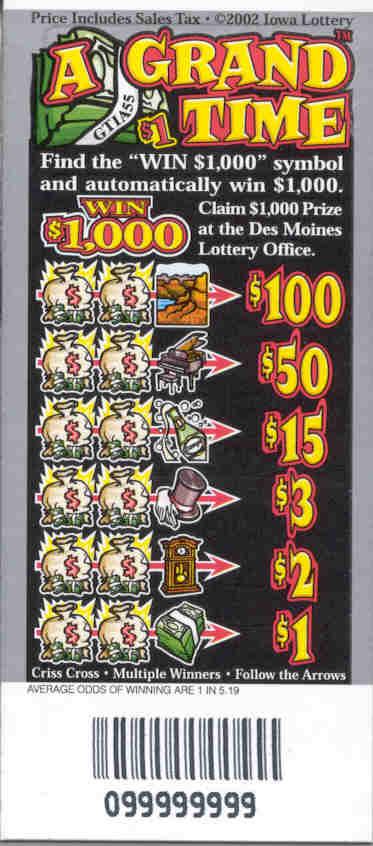 Dec. 9, 2002 - The new $1 A Grand Time pull-tab game offers a top prize of $1,000. This was the first time a prize this large had ever been offered on an Iowa Lottery pull-tab. Dec.