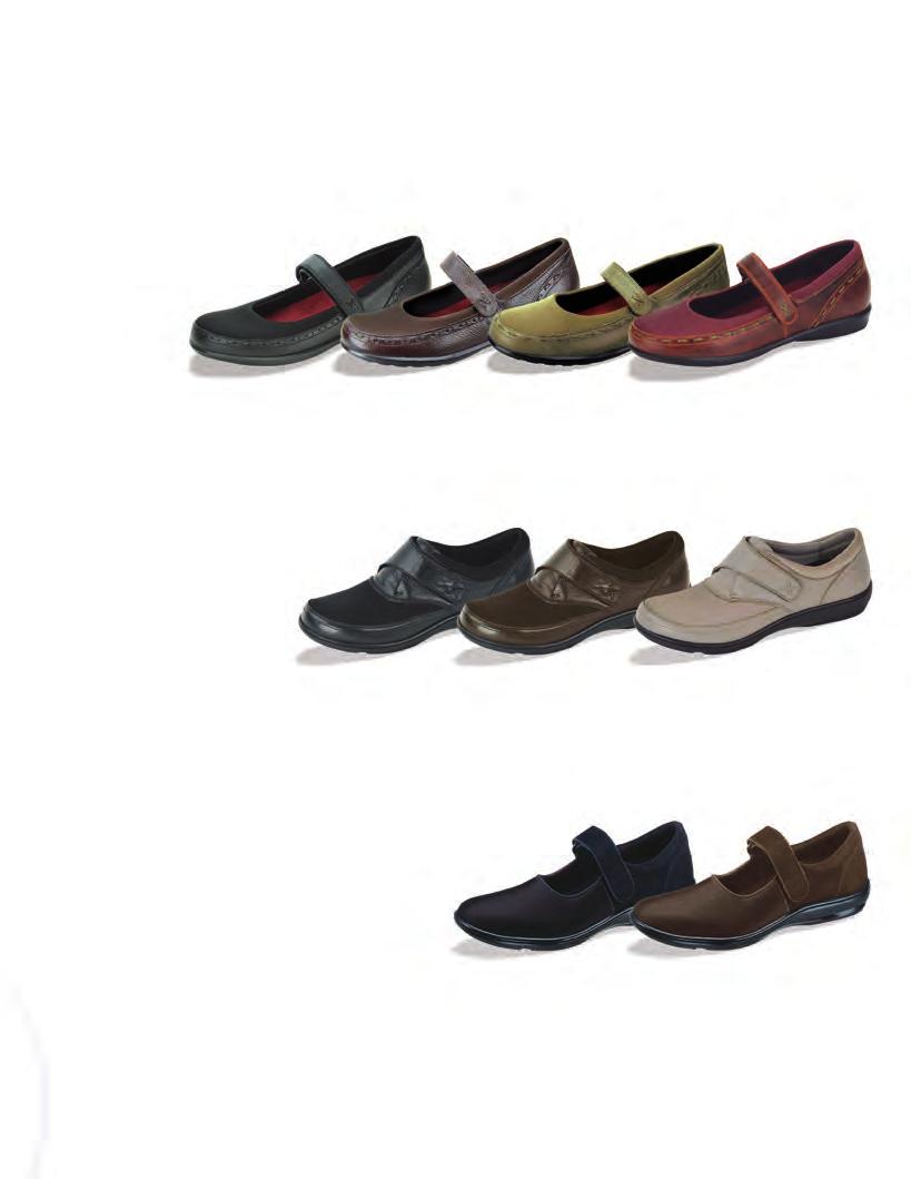 MARY JANES - Stylish Mary Jane design with hook and loop strap for adjustability - Soft leather upper with four way stretch fabric Sizes 5-11, 12, 13 Widths - B, D Removable Depth -1/4 BE30